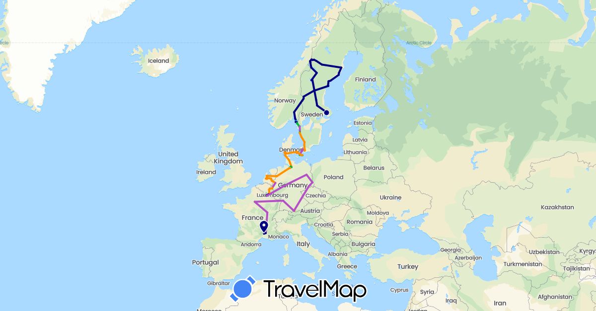 TravelMap itinerary: driving, bus, train, hiking, boat, hitchhiking in Belgium, Germany, Denmark, France, Netherlands, Norway, Sweden (Europe)